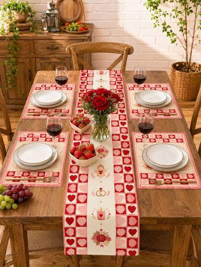 1/2/3/5/7pcs-Valentine's Day Plaid Heart Table Runner, Romantic Cupid & Rose Print Decorative Table Runner, Wrinkle Resistant Fabric, Perfect For Romantic Dinner, Wedding Anniversary, Bridal Shower, Birthday Party, Kitchen Dining Room, Indoor Outdoor Home Holiday Decoration