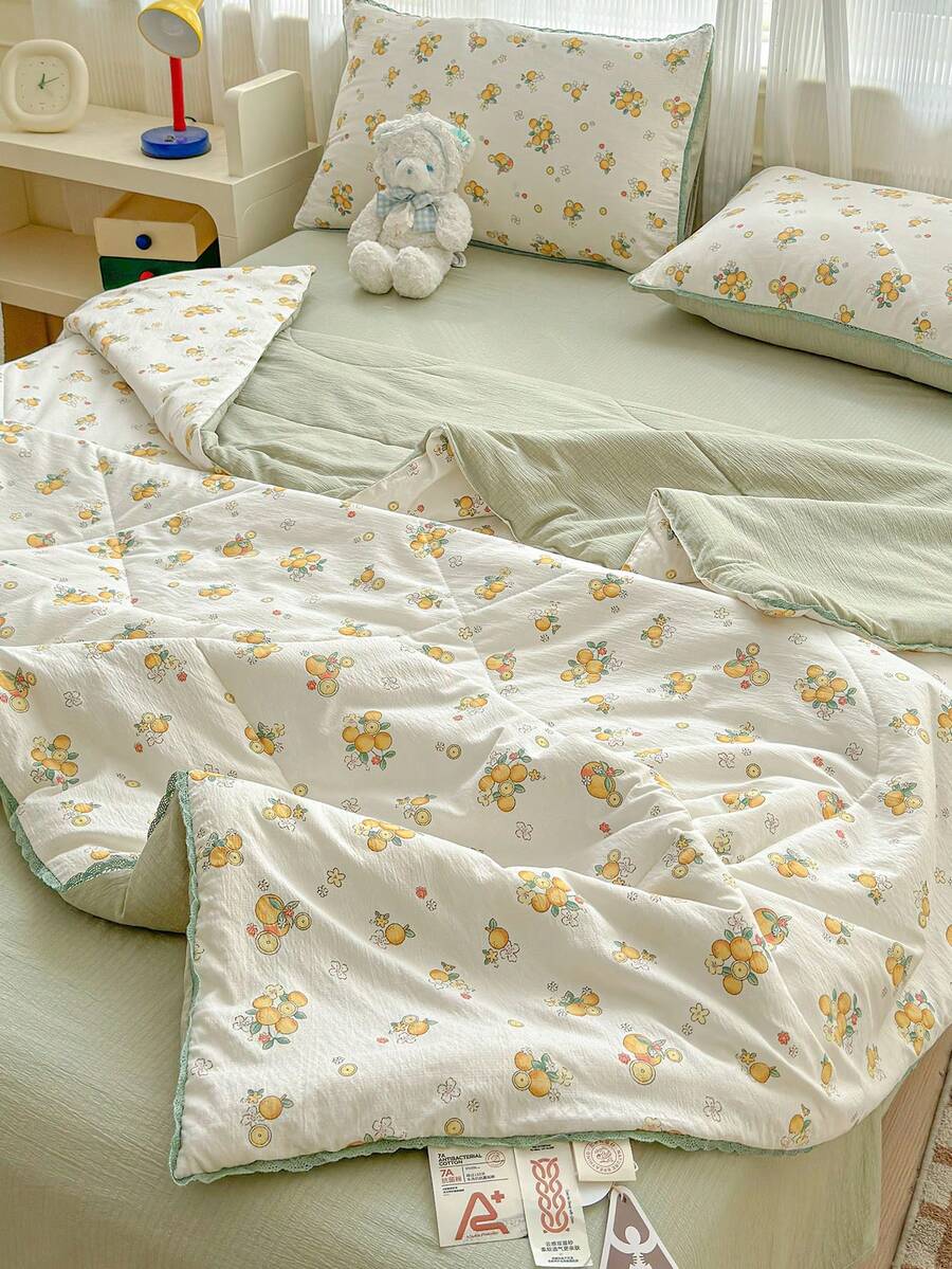 1pc Fresh Plant Pattern Summer Quilt Air Conditioning Quilt Quilted Blanket, Pillowcase Not Included, Cute Pastoral Style, Soft Comfortable Ruffle Design Summer Quilt Quilted Bedding, Suitable For Dormitory, Bedroom, Apartment, Etc., Suitable For Spring And Summer - Sprout Green - View 1