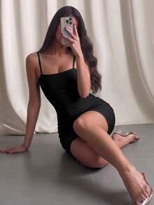 Women's Sexy Spaghetti Strap Mini Bodycon Ribbed Dress, Black Tie-Up Elegant Cocktail Party Club Dress For Summer - Black - View 3