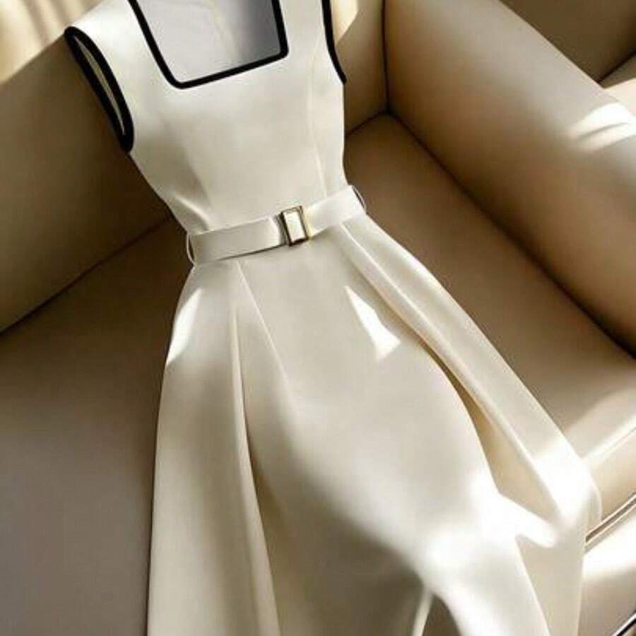 Vestido de corte evasé con cuello cuadrado, sin mangas, con ribete negro en la cintura, de estilo minimalista y versátil, en color beige, para primavera/verano - Albaricoque - Ver 1