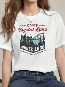 Camiseta de verano Crystal Lake Summer Camp, informal, de algodón de 220 g, con cuello redondo y manga corta (1 unidad) - Negro - Ver 6