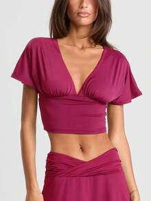 Womens Crop Tops Short Sleeve Deep V Neck Slim Fitted Solid Color Ruched Summer Shirts - Purple - View 7