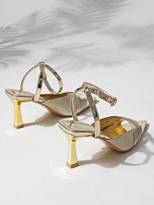 Women's Fashion Metal Shiny Gold Elegant Pointed Toe Mule Ankle Strap High Heel Sandals - Suitable For Party And Wedding Attire - Gold - View 8