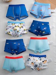 8pcs/Pack Boys' Underwear Briefs With Construction Vehicle Print, Contrast Waistband, Comfortable Boxer Shorts - Blue and White - View 2