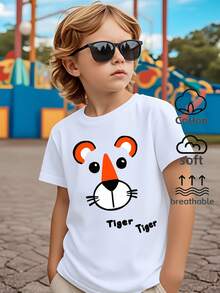 Boys' 100% Casual Short-Sleeve T-Shirt With Tiger Face Print – Fun Summer Design, Machine Washable, Regular Fit For Casual Wear, Playful Fashion For Boys, Comfortable Children's Clothing, Fun Print, Breathable Fabric, For Toddlers - 軍綠色 - 查看 7