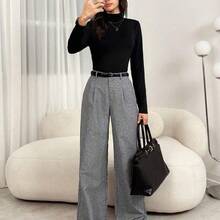 Tall Pantalones elegantes con pliegues y bolsillos de mujer gris para maestras, pantalones grises de cintura alta, pernera ancha, sueltos y holgados, para primavera, verano y otoño, pantalones anchos y holgados para mujeres profesionales de negocios - Marrón - Ver 8