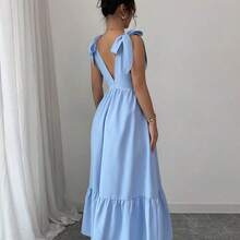 Vestido de cuello en V sin mangas con cintura ajustable con cordón, color azul, adecuado para primavera/verano - Rosa Fucsia - Ver 3