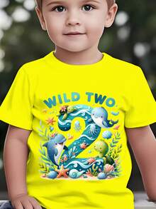Fashionable 'Wild Two' Short-Sleeved T-Shirt For Children From The 'Birthday Series' Featuring Cartoon Prints Of Marine Animals Such As Dolphins, Turtles, Octopuses, Seahorses, Starfish And Shells, Suitable For Casual Outdoor Wear NY-DX9479 - 粉色 - 查看 1