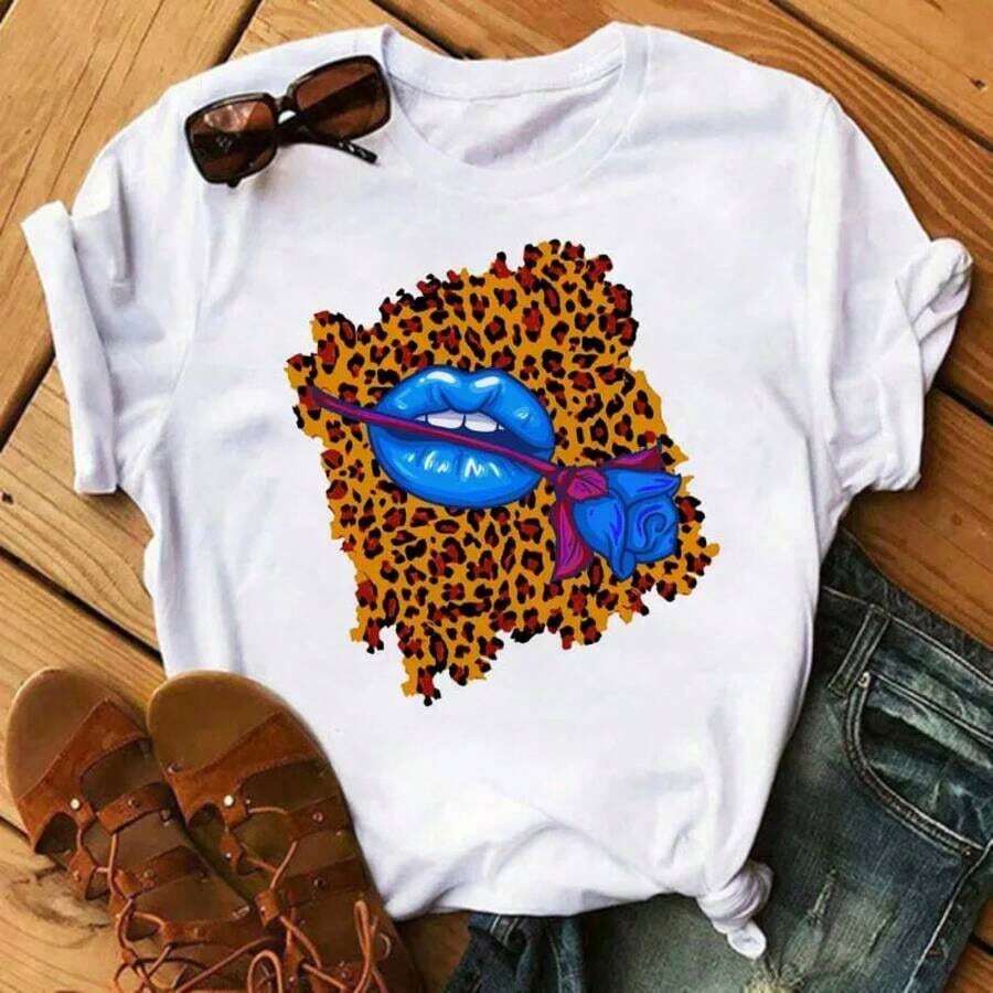 New Women's T-Shirt With Pink Lips And Leopard Print, Casual Style, Round Neck, Sexy, Black, With Kiss Design, Fun, For Girls, Dropshipping - 黃色 - 查看 1