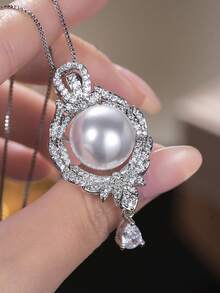 1pc Charming Cubic Zirconia & Faux Pearl Pendant Necklace, Suitable For Women, Ideal For Weddings, Engagements, Anniversary Parties, Valentine's Day Gifts - Silver - View 4