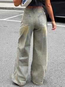 Vintage Washed Straight Leg Jeans, Mid-Waist Loose Non-Stretch Women's Full Length Pants, Versatile Distressed Style Trousers For Autumn - Mustard Yellow - View 7