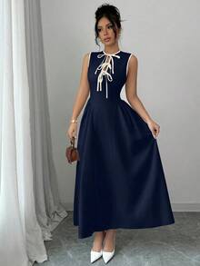 Nuevo vestido de mujer con cuello calado, bloqueo de color, cintura anudada, pliegues laterales, sin mangas, textura plisada, cremallera en la espalda, de moda, juvenil, elegante, versátil, que estiliza la cintura, apto para primavera/verano/otoño/invierno - Azul marino - Ver 7