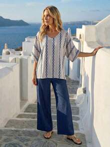 2 piezas Conjunto de top con estampado integral en escote en V y pantalones de unicolor para mujer - Azul - Ver 5