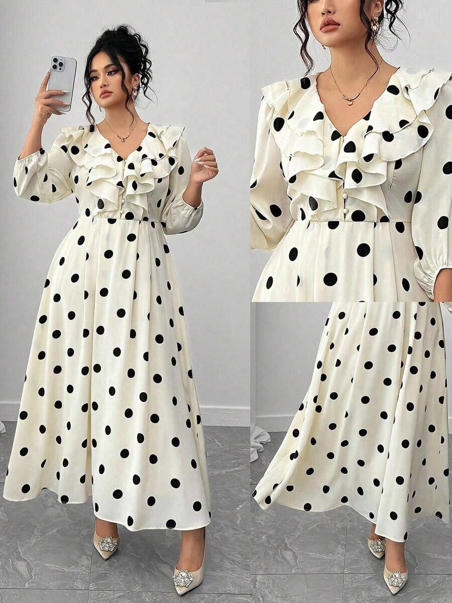 Vestido largo de manga larga con cuello en V, volantes y estampado de lunares, talla grande, para mujer - Multicolor - Ver 1