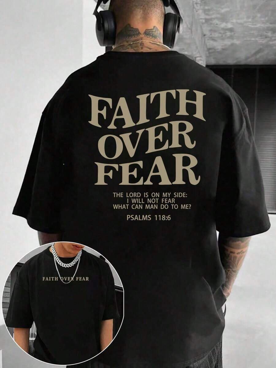 Men's Christian T-Shirt "FAITH OVER FEAR" | Psalm 118:6 Biblical Design | Inspirational Streetwear | 100% Cotton | Unisex Fit | Ideal Gift For Believers - 黑色 - 查看 1