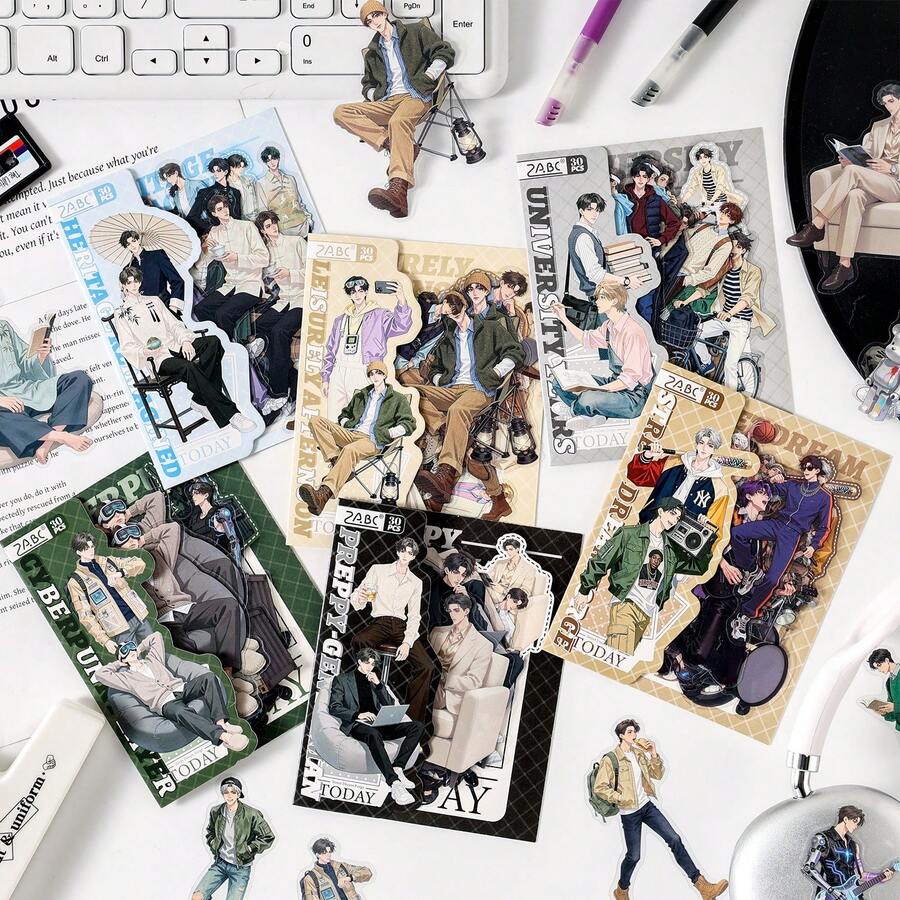 30入時尚動漫男孩貼紙組，優雅休閒防水貼紙，適用於剪貼簿、日記、DIY裝飾與學校用品