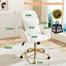 Vanity Chair With Wheels & Pillow In Velvet, Home Computer Chairs For Indoor, 360°Swivel Office Chair Adjustable Height  Modern Office Cute Desk Chair With Back & Gold Base For Makeup Room - 白色 - 查看 4