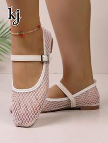 Women's Flat Shoes, Breathable Non-Slip Soft-Sole Mesh Hollow-Out Solid Color Square Toe Mary Jane Shoes, Suitable For Work, White, Ballet Flats - White - View 6