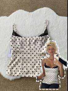 Women's Y2K Polka Dot Cami Tops Cute Satin Top Sleeveless Spaghetti Strap Lace Tank Tops Slim Fit Bustier Lace Trim Crop Top Scoop Neck Polka Dot Camisole Summer Corset Shirt Cute Party Going Out Tops Vintage Aesthetic Clothes Clubwear Streetwear - 白色 - 查看 1