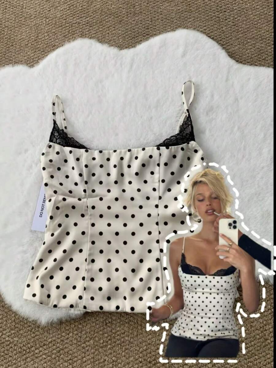 Women's Y2K Polka Dot Cami Tops Cute Satin Top Sleeveless Spaghetti Strap Lace Tank Tops Slim Fit Bustier Lace Trim Crop Top Scoop Neck Polka Dot Camisole Summer Corset Shirt Cute Party Going Out Tops Vintage Aesthetic Clothes Clubwear Streetwear - 白色 - 查看 1