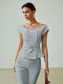 PREMIUM BLUSA ELEGANTE Y DE MODA DE DOBLE BOTONADURA PARA COMMUTER - Azul - Ver 6