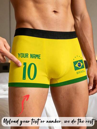 1pc Customized Photo Men's Briefs, Football World Cup Theme, Soft Stretchy Fabric, Interesting Personalized Boxer Shorts For Daily Wear And Gift