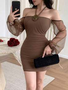 Vestido mini elegante con hombros descubiertos para mujer - Marrón - Ver 9