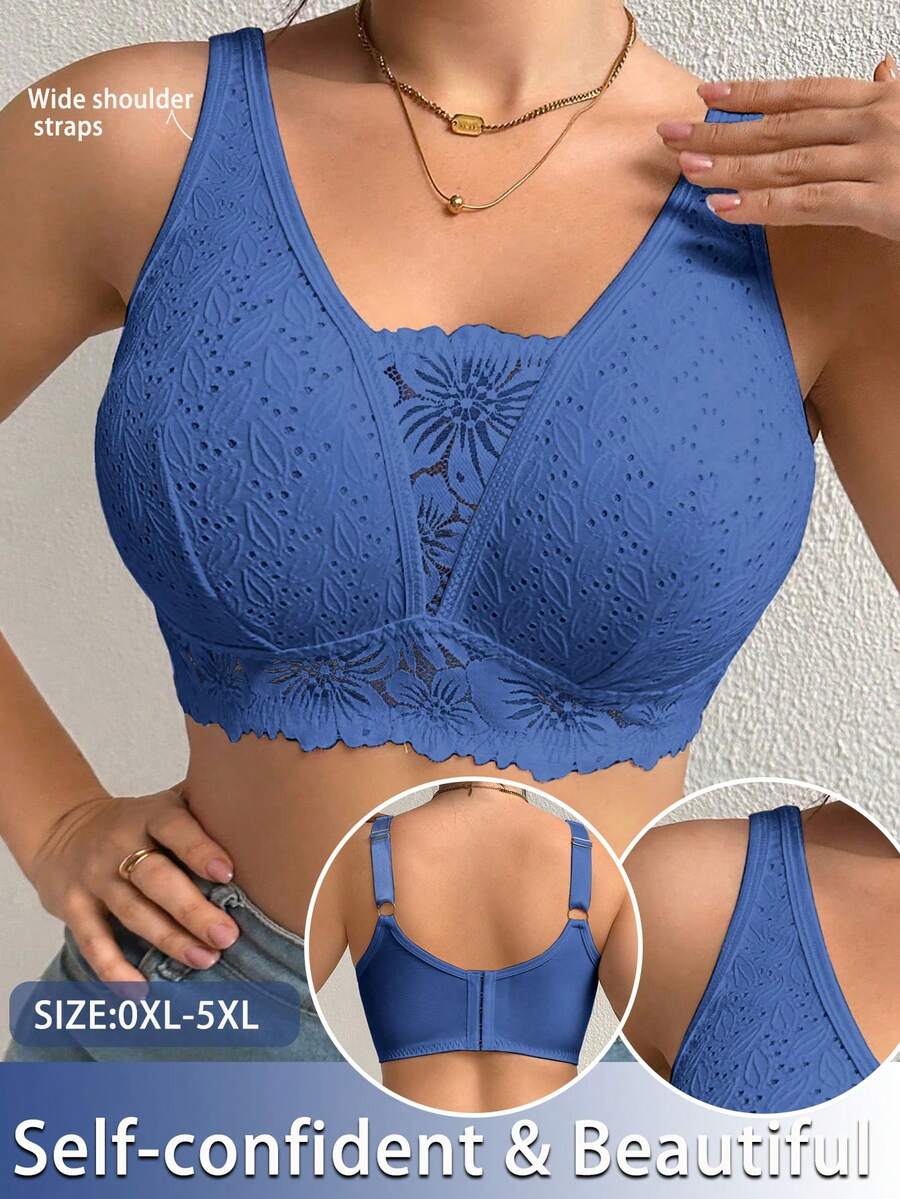 Plus Size Women Lace Patchwork Seamless Underwear, Suitable For Daily Wear In Various Occasions - Blue - View 1