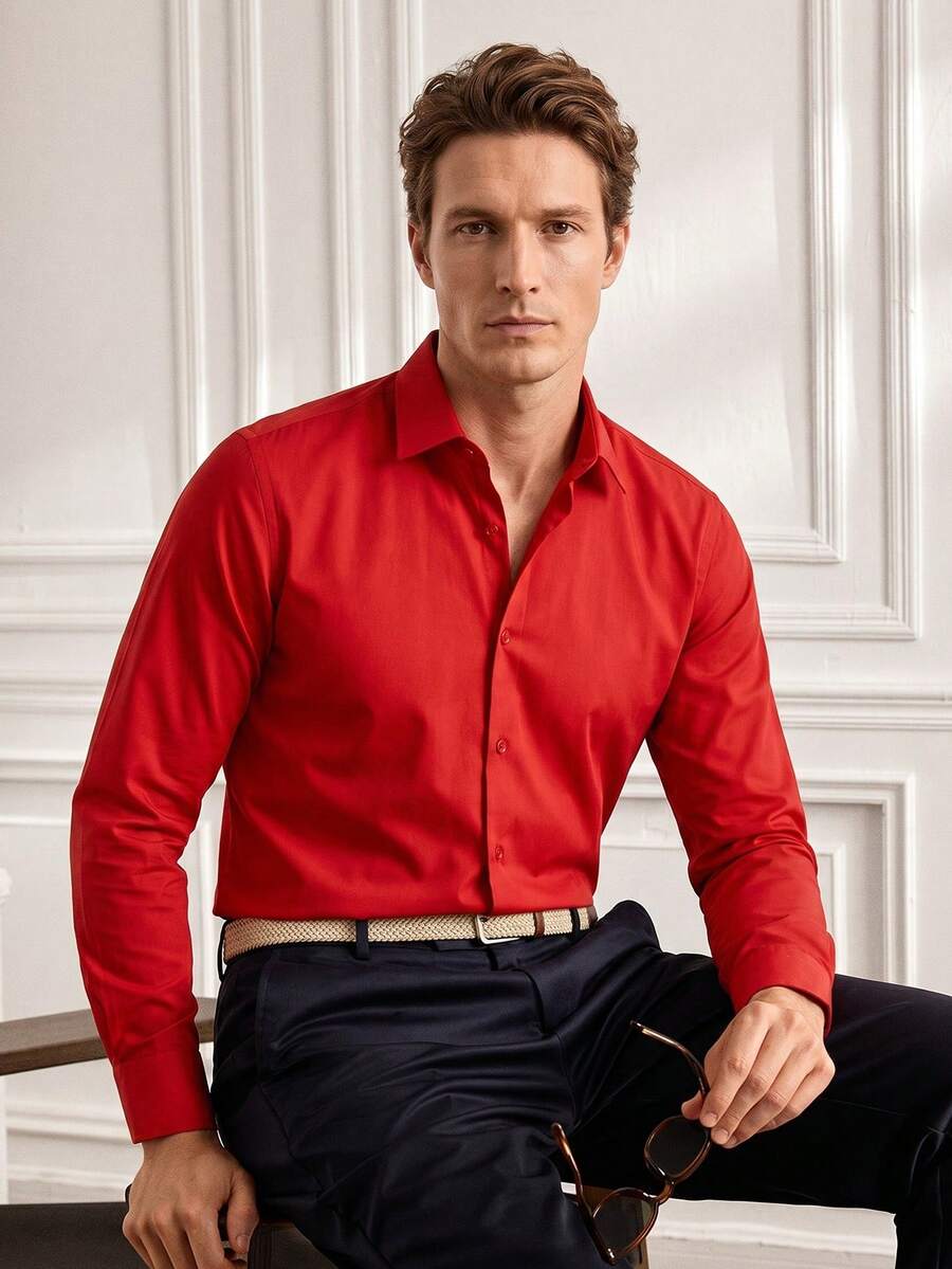 Officeau 男士紅色長袖正裝襯衫,適用正式商務/辦公場合 - 紅色 - 查看 1