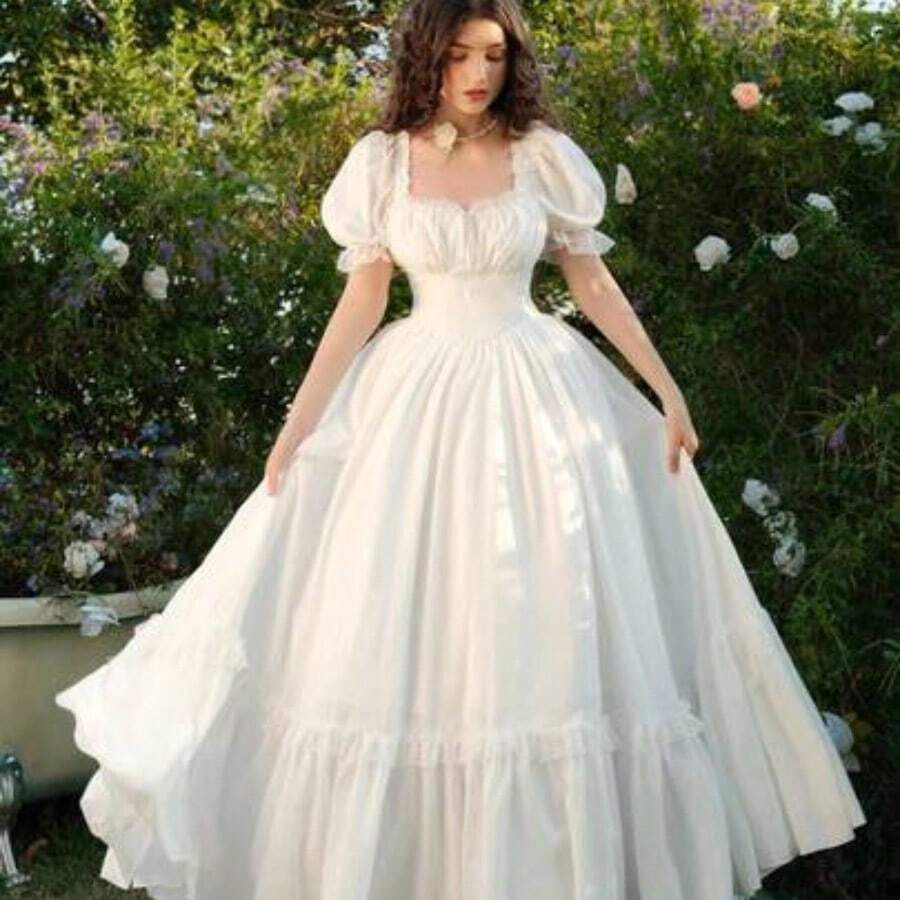 MOD Vestido largo victoriano vintage de encaje blanco con volantes, vestido de fiesta, vestido de graduación, artesanía exquisita - Blanco - Ver 1