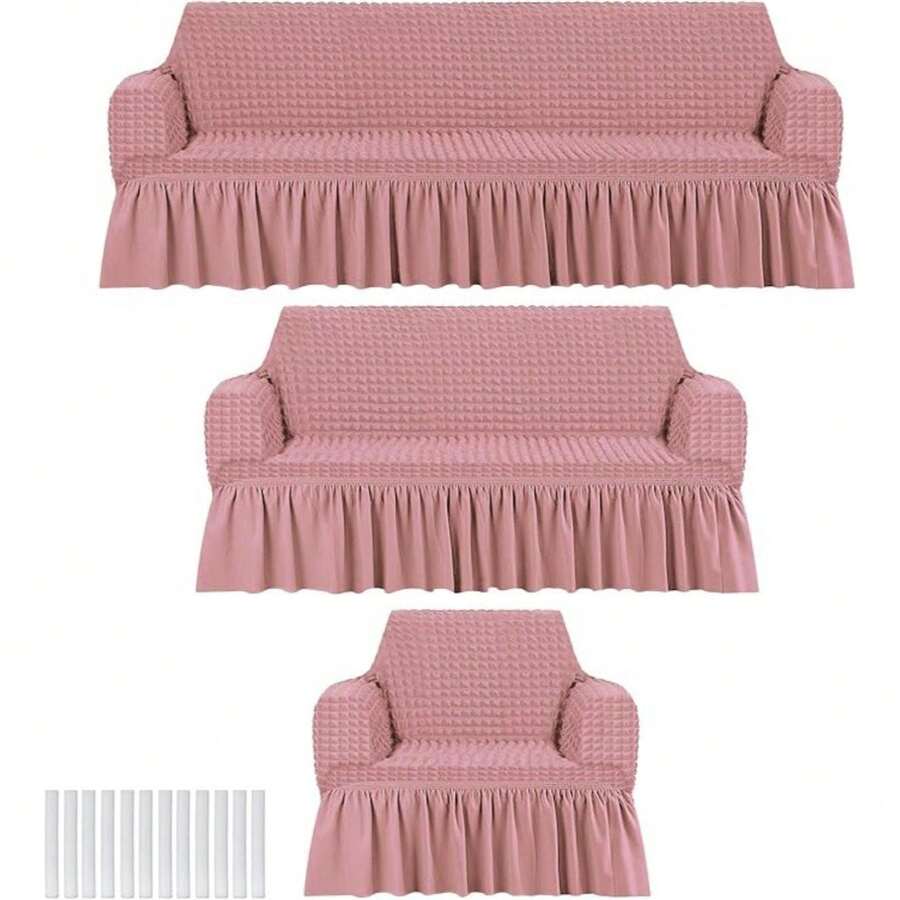 Juego de Fundas Elásticas para Sala–3 Piezas . Funda De Sofá. Juego de Fundas Elásticas para Sofá 1+2+3 Plazas, Tela Suave y Antideslizante, Protector Antimanchas y Resistente al Desgaste, Fácil de Instalar y Lavable,Elástica Con Falda De Seersucker Para Proteger El Sofá De Arañazos De Gatos, Ideal Para Decorar La Sala De Estar, La Oficina O El Dormitorio. Almacén Local, - verde militar - Ver 1
