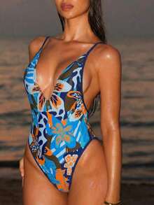 Swim  Women's Deep V-Neck Backless Bowknot Tie Floral Printed Sexy One-Piece Swimsuit, Summer Beach - 多色 4 - 查看 3