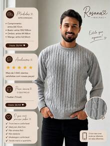 Men's Knitted Sweater With Braids, Round Neck, Long Sleeves And Comfortable Fit, Moda Inveno Rosana Malhas - 灰色 - 查看 4