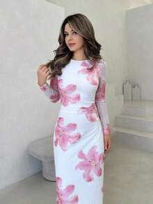 xheJemour Vestido con manga larga y pliegues con estampado floral para una cita romántica para mujeresxhe - Multicolor - Ver 5