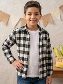 Boys' Plaid Shirt, Long Sleeve, Red/Black, Flannel, For June Festivals, Winter. - Black - View 6
