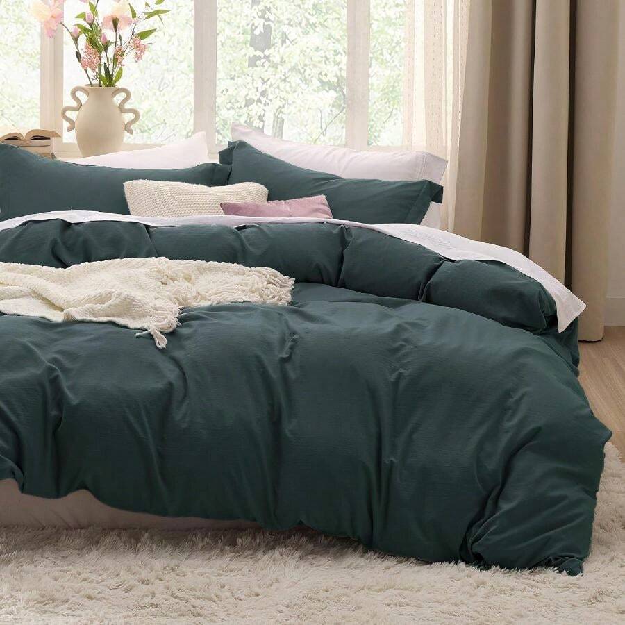 Bedsure Forest Green Duvet Cover Size - 3 Pieces Prewashed Cotton-Like Soft Bedding Set, Includes 1 Duvet Cover 90x90 Inches With Zipper Closure 2 Pillow Shams, Comforter Not Included - 03 - 森林綠(不含被子) - 查看 1