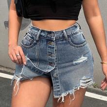 guangzhougaolangshangmao  ICON Short de mezclilla para mujer, falda-pantalón casual ajustada, azul - Azul lavado oscuro - Ver 6