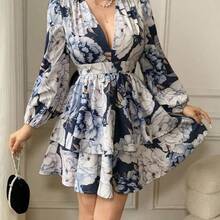 Vestido mini de moda con cuello en V profundo, mangas farol y dobladillo con volantes con estampado floral para mujer - Azul - Ver 5