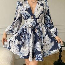 Vestido mini de moda con cuello en V profundo, mangas farol y dobladillo con volantes con estampado floral para mujer - Azul - Ver 6