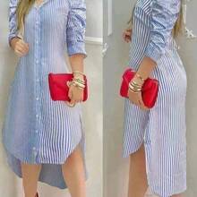 Vestido de camisa casual con pliegues y mangas 3/4 a rayas para mujer, atuendo maxi para primavera/verano - Rosa - Ver 2