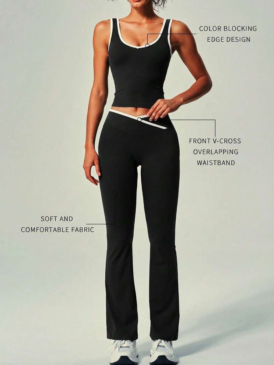 UONNOU Peach Butt Lifting Flare Leggings Set, Color Trim U-Neck Workout Tank - Black - View 1