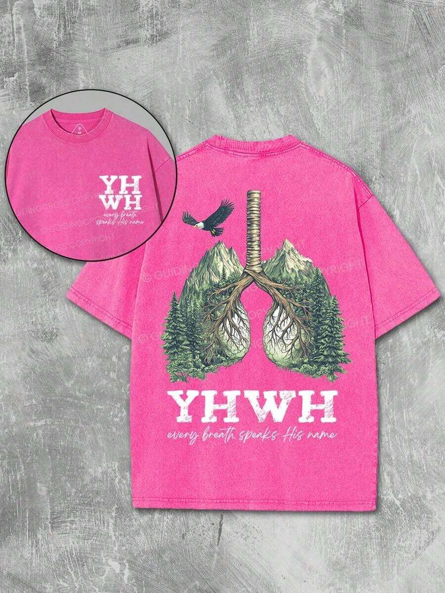 2026 New American Style T-Shirt% Cotton YHWH Nature Vintage Washed% Cotton | Graphic Forest Lungs With Birds, Distressed Fabric - Religious Inspired Clothing And Meaningful Gift Idea | Unisex - 粉色 - 查看 1