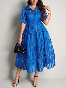 Comfylo Vestido camisero de manga abullonada con rayas y malla para mujer de talla grande - Azul - Ver 3