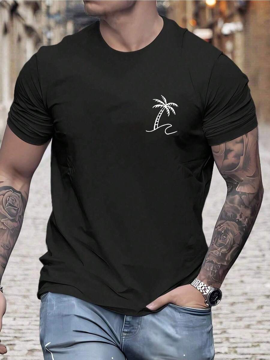 Men's Tropical Print T-Shirt - Black - View 1