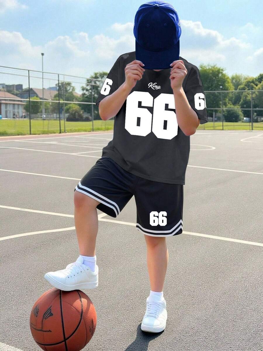 青少年男款運動風數位66印花圓領T恤短褲套裝,夏季休閒舒適套裝 - 彩色 - 查看 1