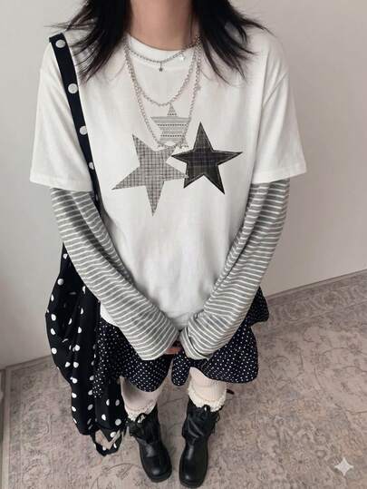 Y2K复古星形印花短袖T恤，E-Girl夏季新款休闲上衣