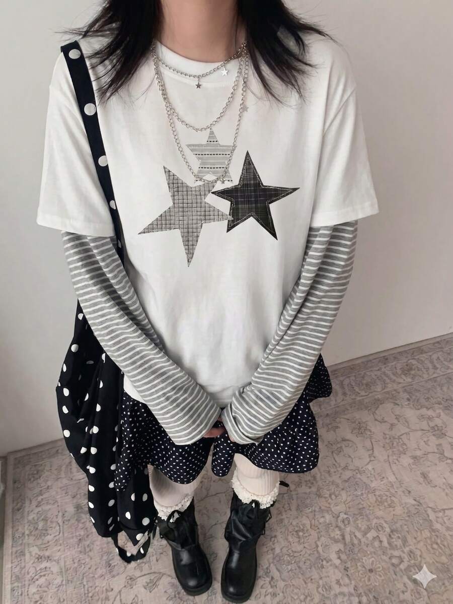 Áo thun ngắn tay in sao phong cách Y2K Aesthetic Retro, áo top casual mới cho E-Girl mùa hè - trắng - Xem 1