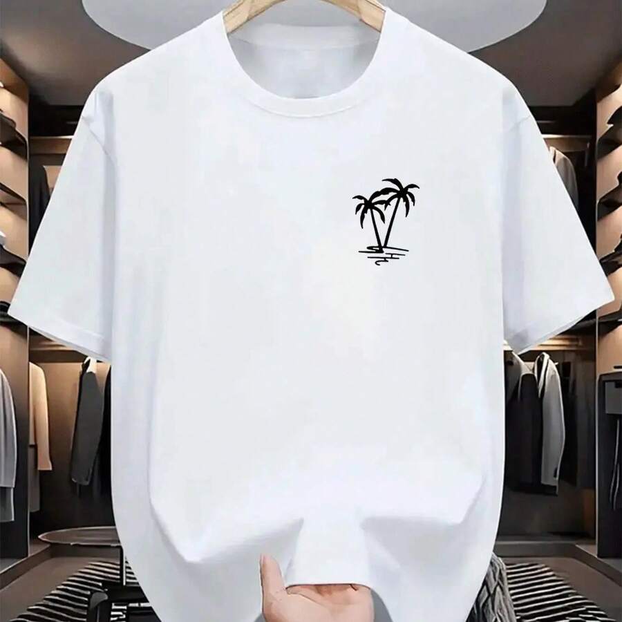 Maglietta casual estiva da uomo in 100% cotone, con stampa di palme, vestibilità ampia, stile sportivo - Bianco - Visualizzare 1