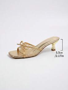 女款金色網格高跟涼鞋，蝴蝶結裝飾，小貓跟鞋，春夏新款，極簡優雅時尚，適合日常辦公通勤、宴會與派對穿著 - 金色 - 查看 3