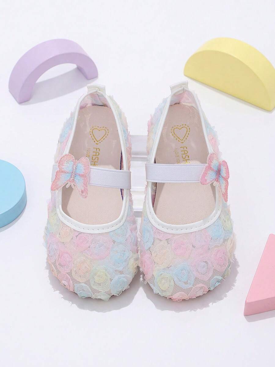 1 Pair Girls' Summer Mesh Flat Sandals, Colorful Rose, Elastic Band Slip-On, Lace Pink To Blue Gradient 3D Butterfly, Suitable For Vacation, Outfit Matching, Picnic & Play - Multicolor - View 1